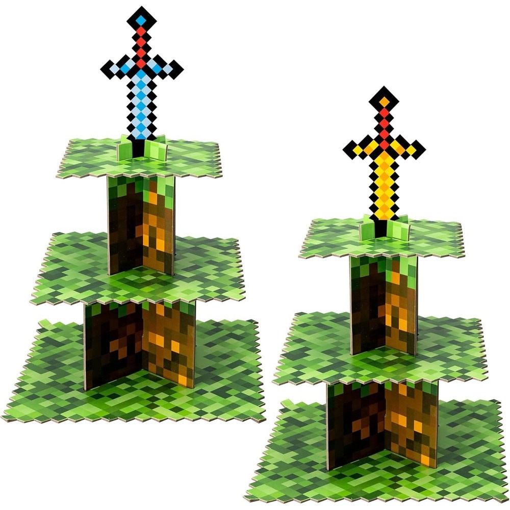 Minecraft Style Pixelated 3 Tier Cupcake Stand Gaming Party Dessert Tower NEW‎